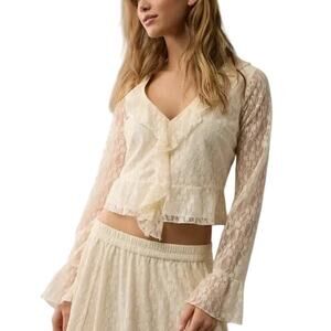 American Eagle Lace Ruffle Babydoll Cropped Blouse Long Sleeve Top Size Small